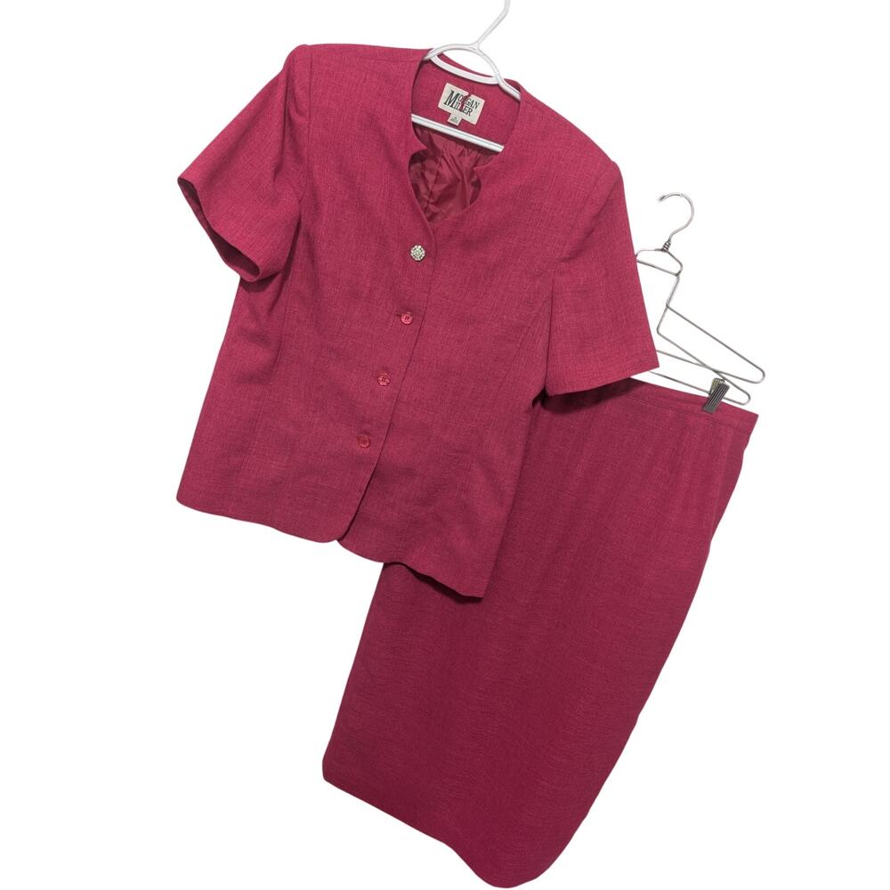 MORGAN MILLER! FAB FUSCHIA PINK TEXTURED 2 PC SKIRT, SHORT SLEEVE TOP SUIT! 16
